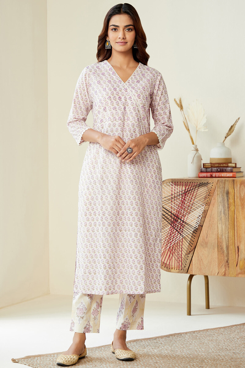 Purple Hand Block-Printed Straight Cotton Kurta