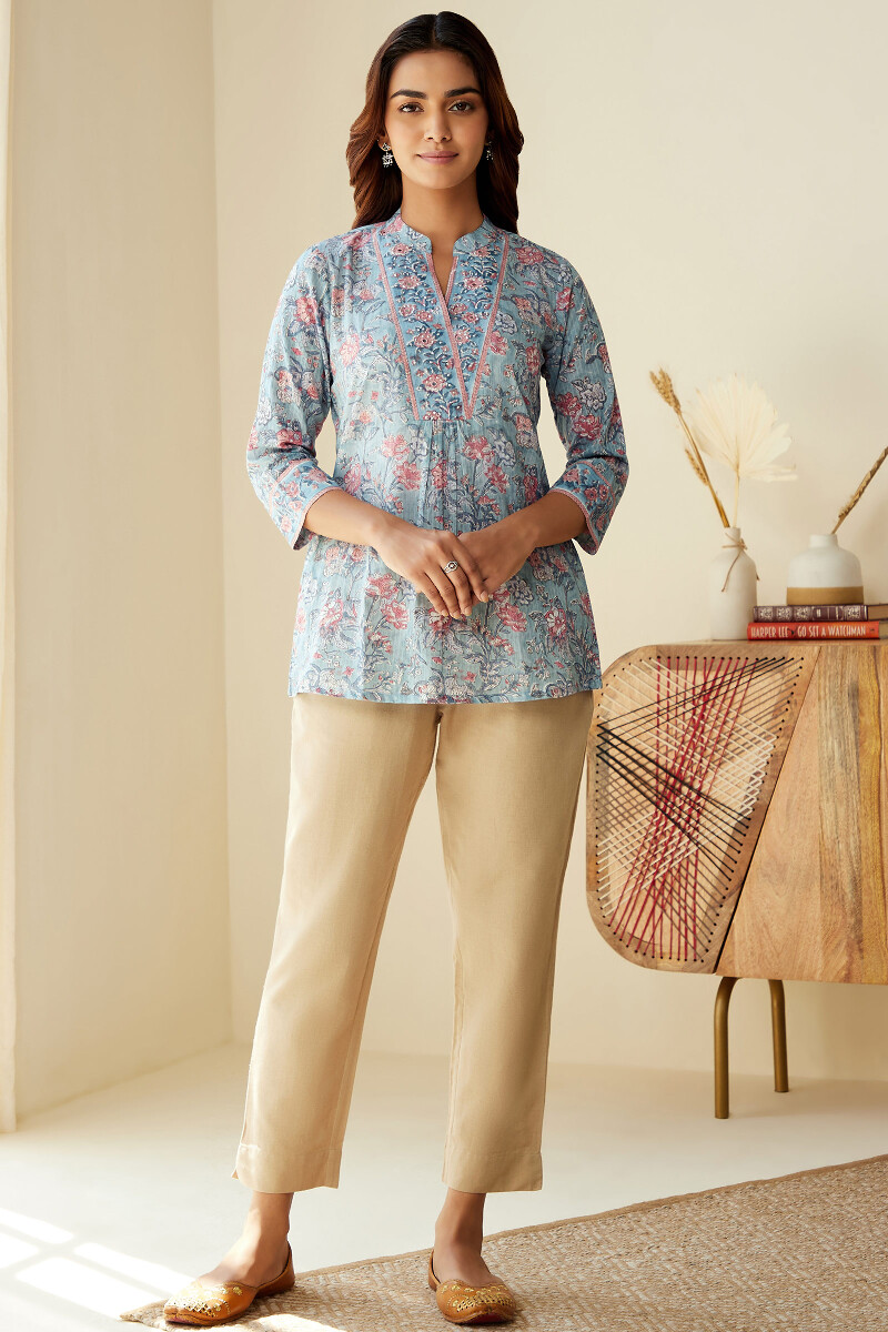 Blue Hand Block-Printed Cotton Dobby Top