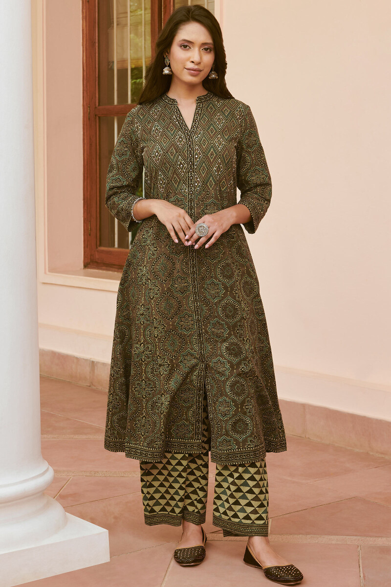 Ajrak Hand Block-Printed A-Line Cotton Kurta