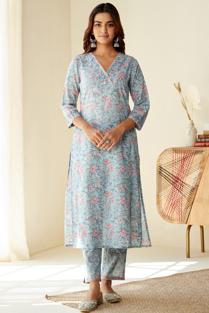 Blue Hand Block-Printed Straight Cotton Dobby Kurta