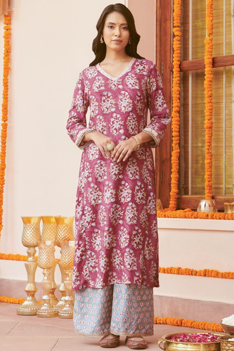 Red Hand Block-Printed Straight Modal Kurta