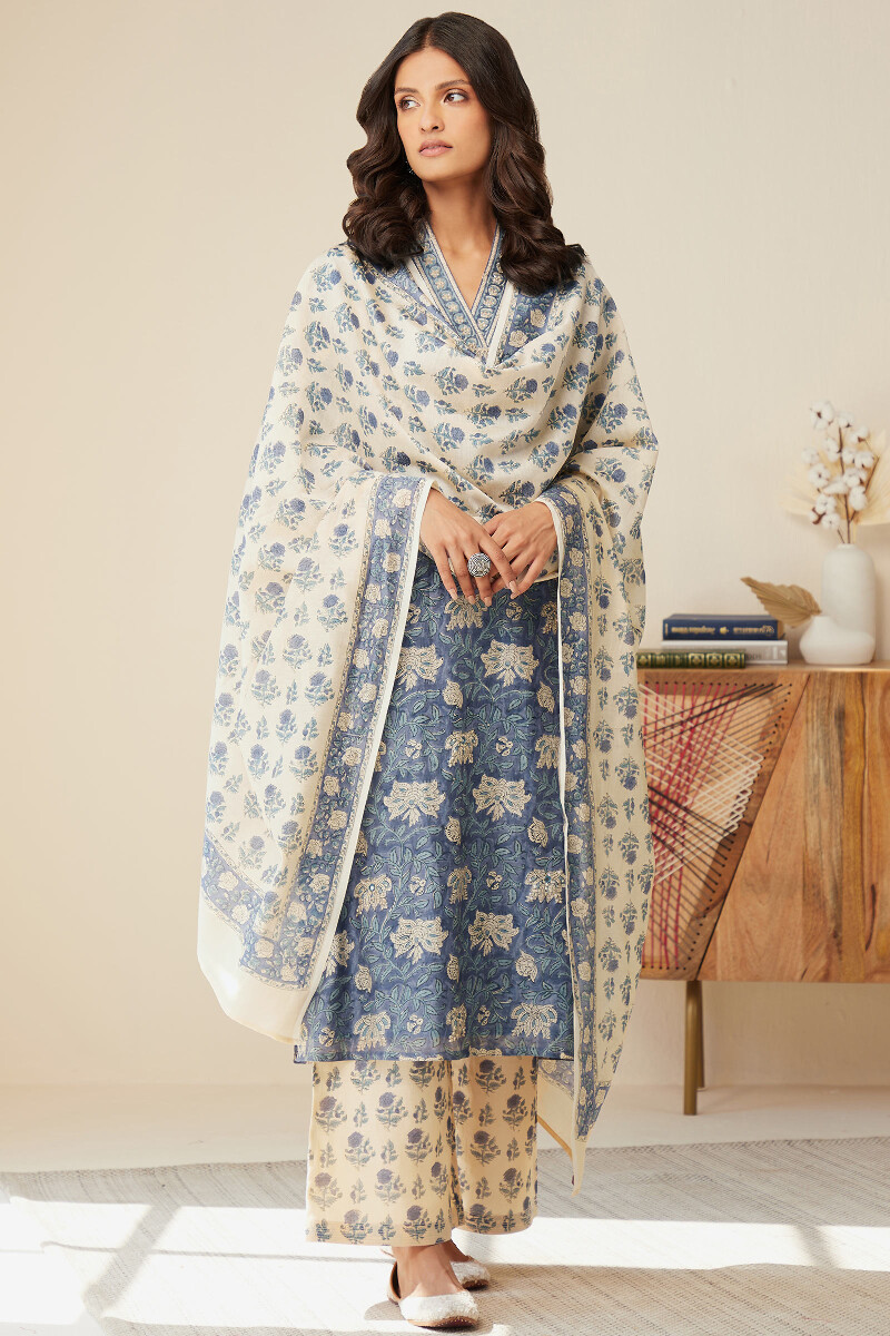Beige Hand Block-Printed Chanderi Dupatta