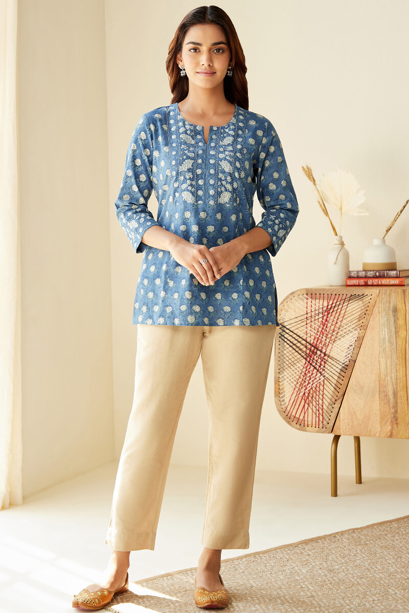 Indigo Hand Block-Printed Cotton Top
