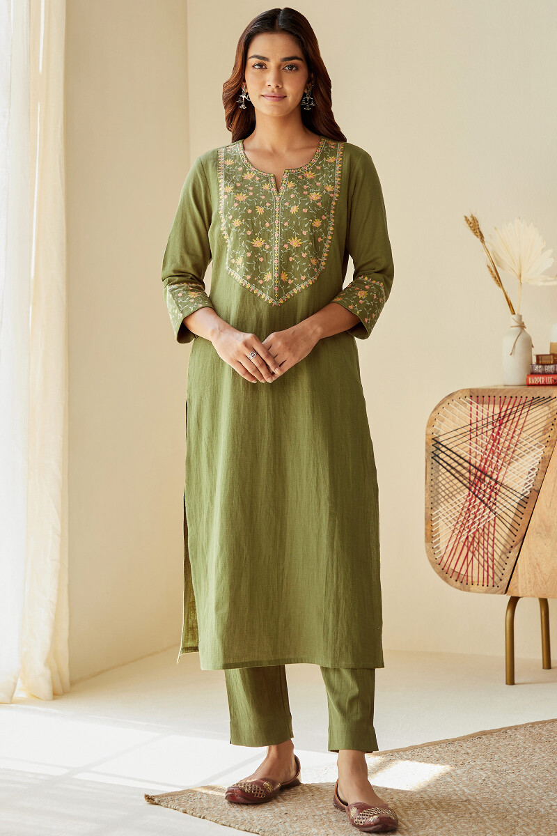 Olive Green Handcrafted Straight Cotton Flax Kurta