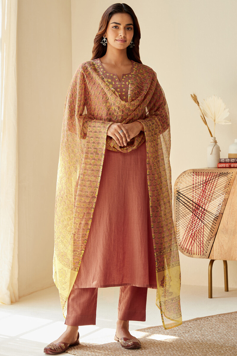 Peach Handcrafted Cotton Flax Narrow Pants