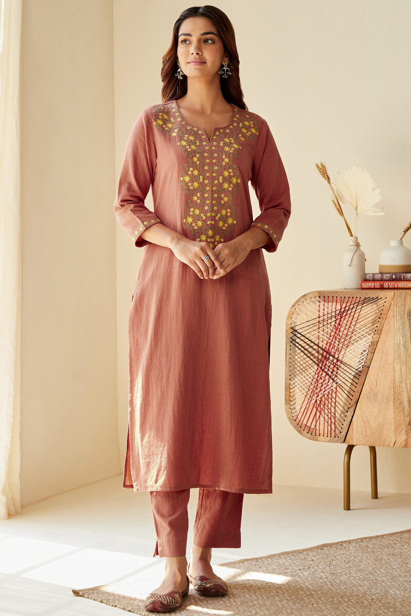 Peach Handcrafted Straight Cotton Flax Kurta