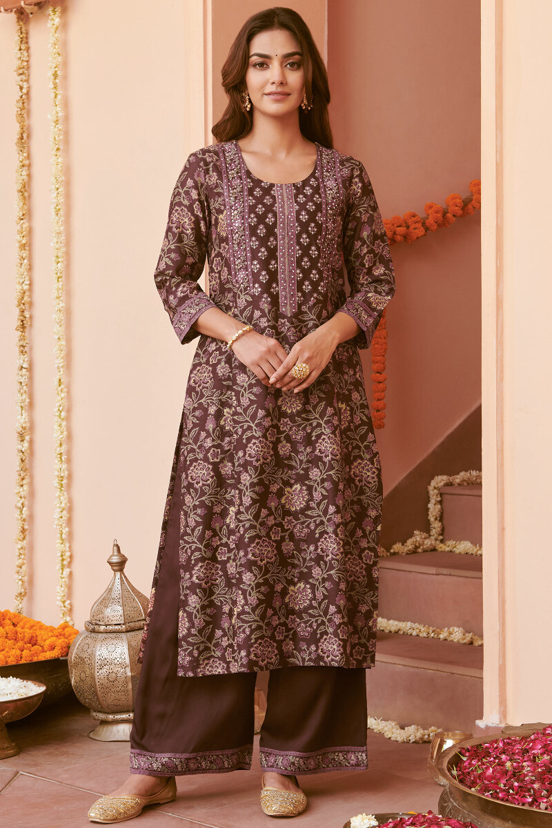 Brown Hand Block-Printed Straight Chanderi Kurta