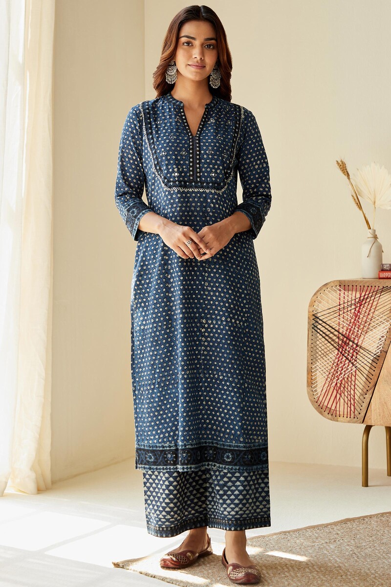 Bagru Hand Block-Printed Straight Cotton Dobby Kurta