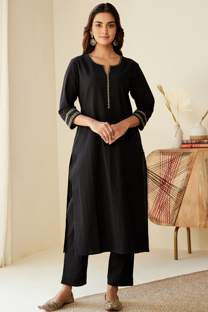 Black Handcrafted Straight Cotton Flax Kurta