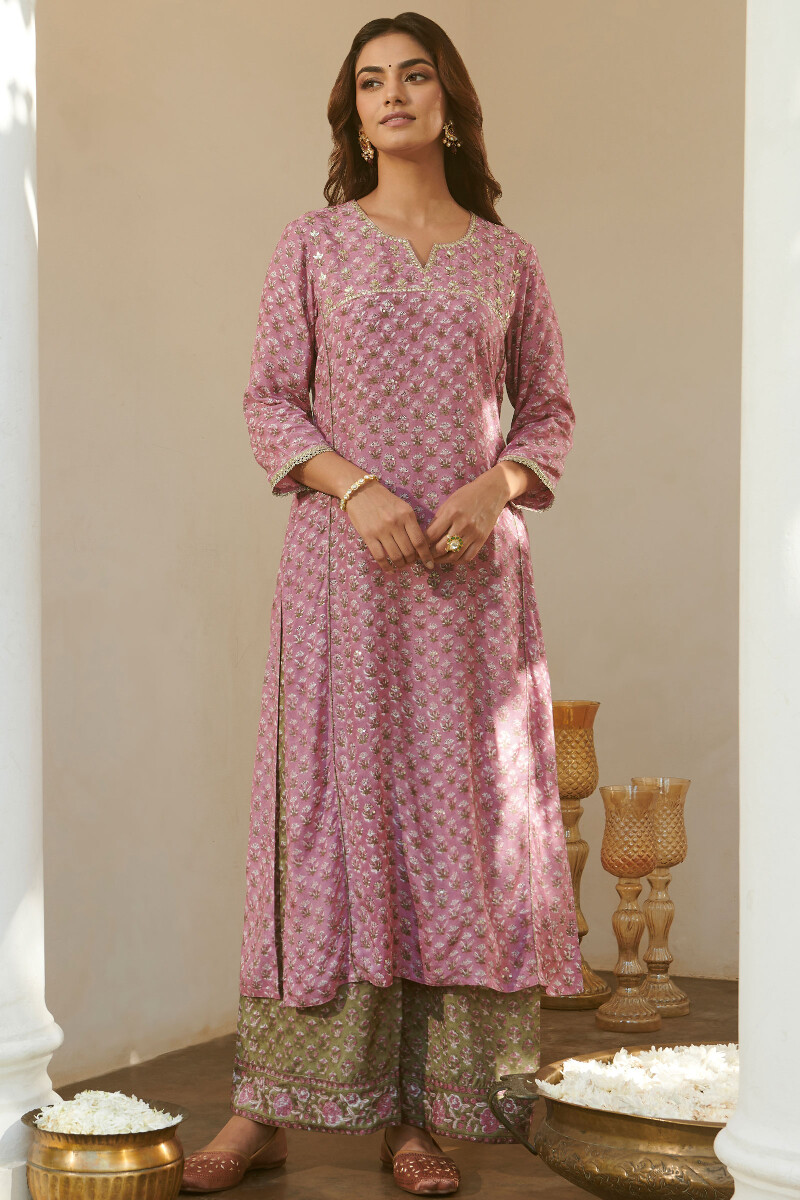Purple Hand Block-Printed Straight Viscose Kurta