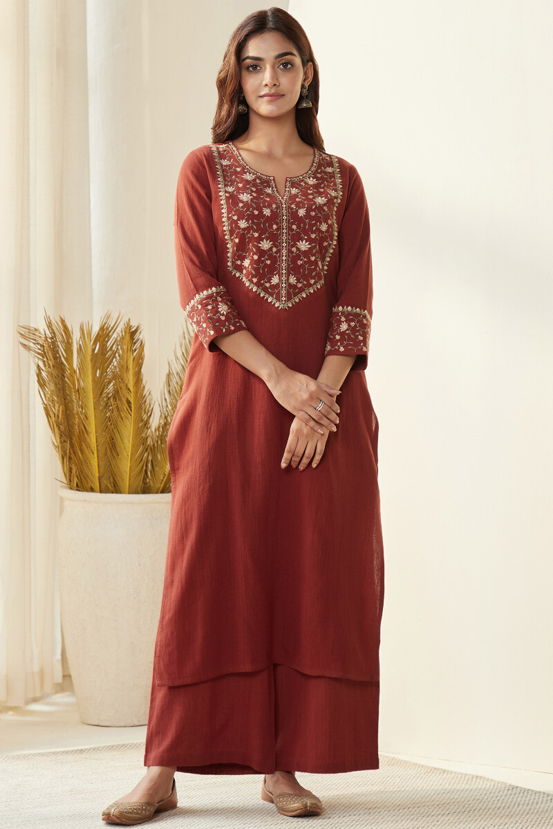 Red Handcrafted Straight Cotton Flax Kurta