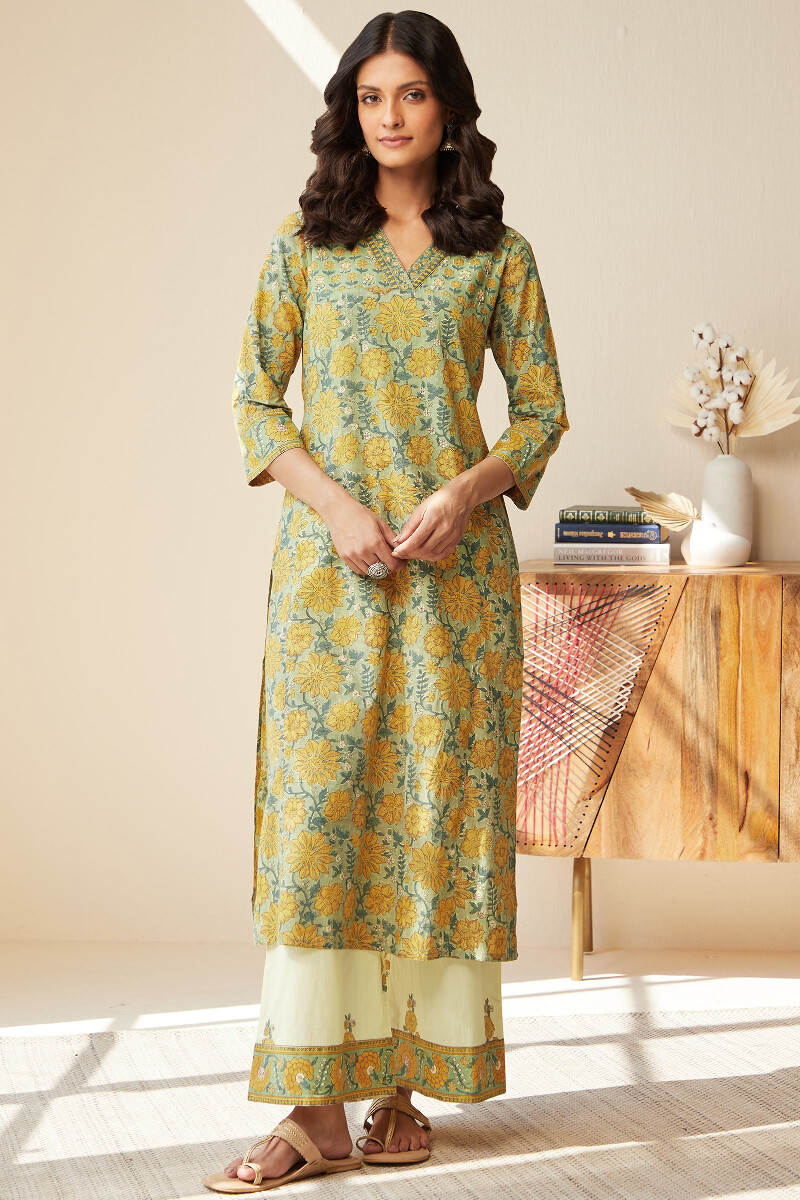 Green Hand Block-Printed Straight Cotton Kurta