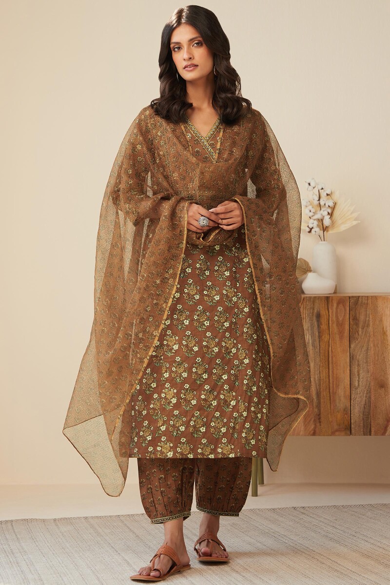 Brown Hand Printed Cotton Slub Izhaar Pants