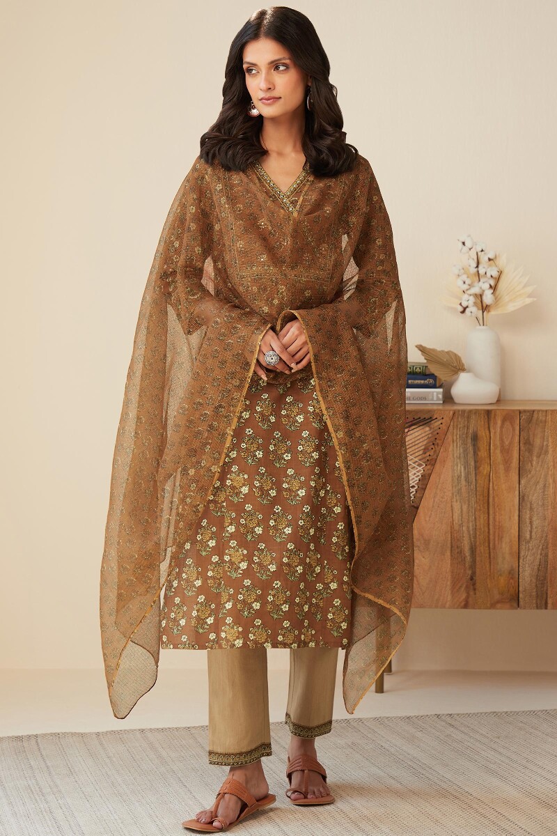 Brown Hand Printed Kota Dupatta