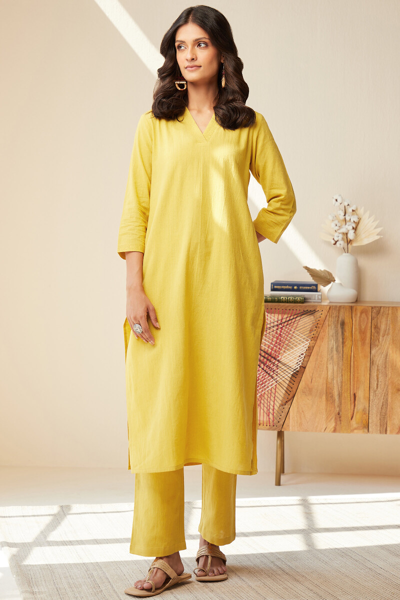 Yellow Handcrafted Straight Cotton Flax Kurta