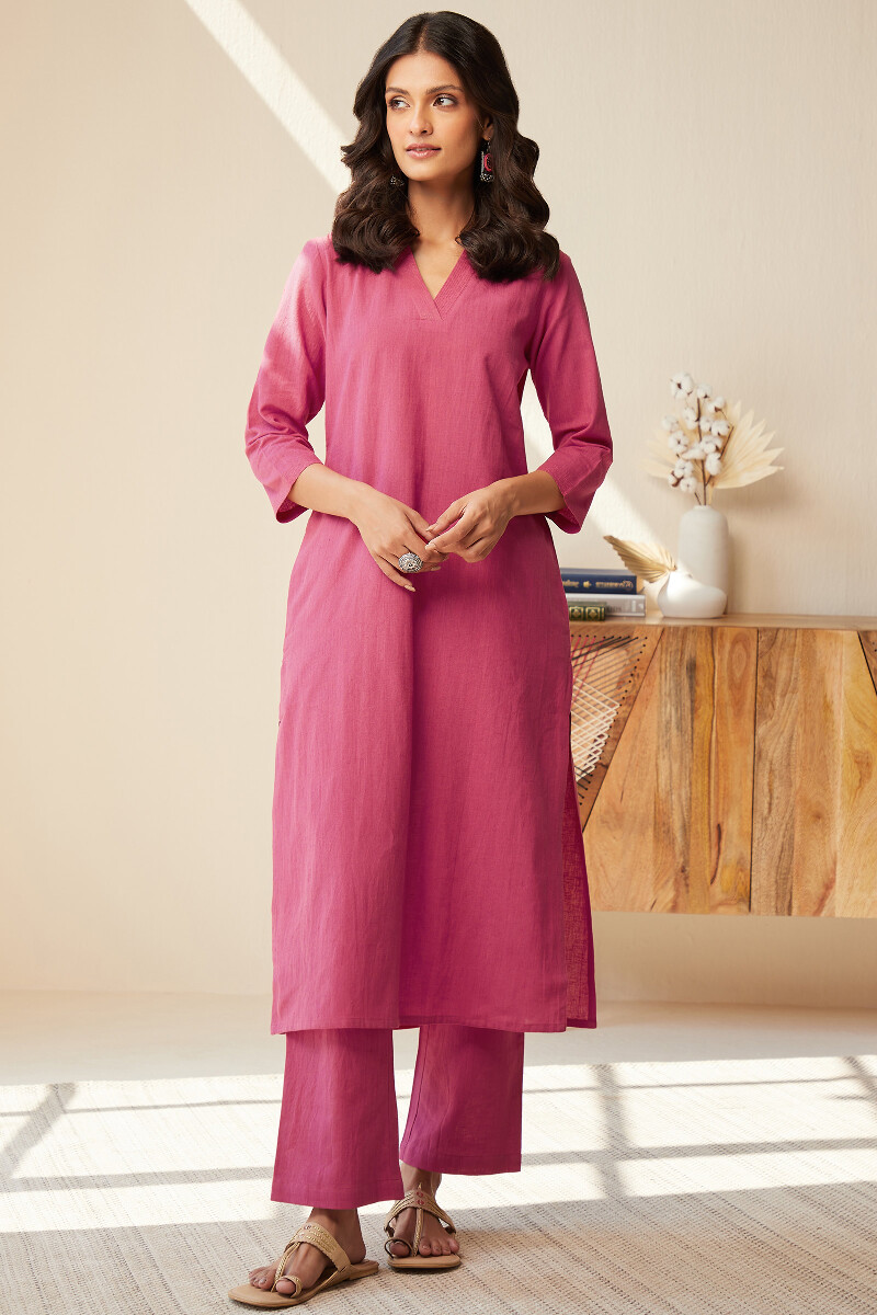 Rani Pink Handcrafted Straight Cotton Flax Kurta