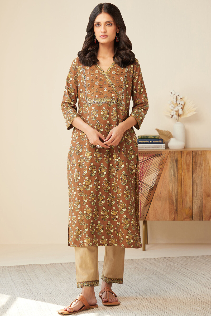 Brown Hand Printed Straight Cotton Slub Kurta