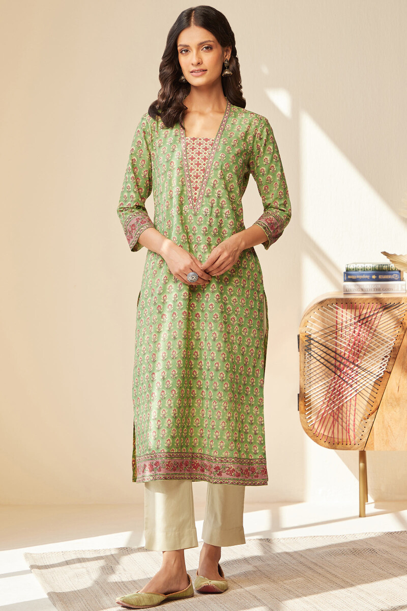 Green Hand Block-Printed Straight Cotton Kurta