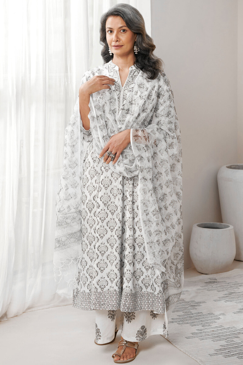 White Hand Block-Printed Kota Dupatta