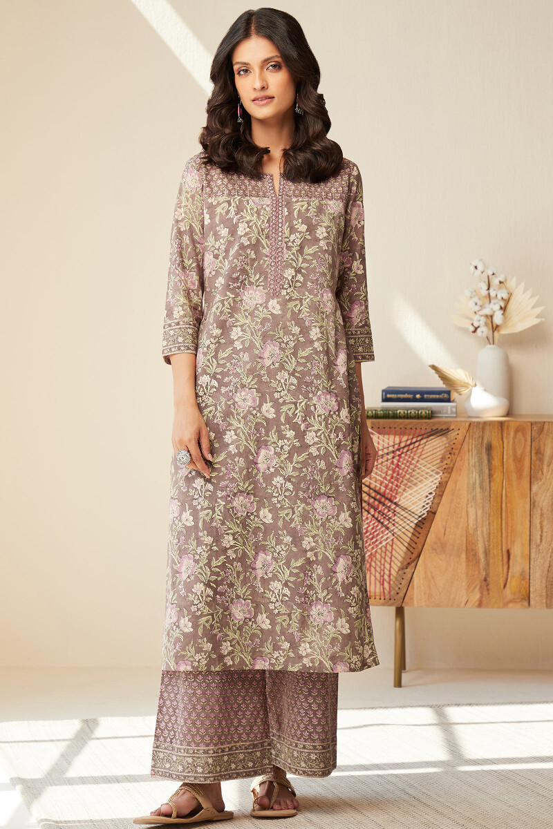 Brown Hand Block-Printed Straight Cotton Kurta