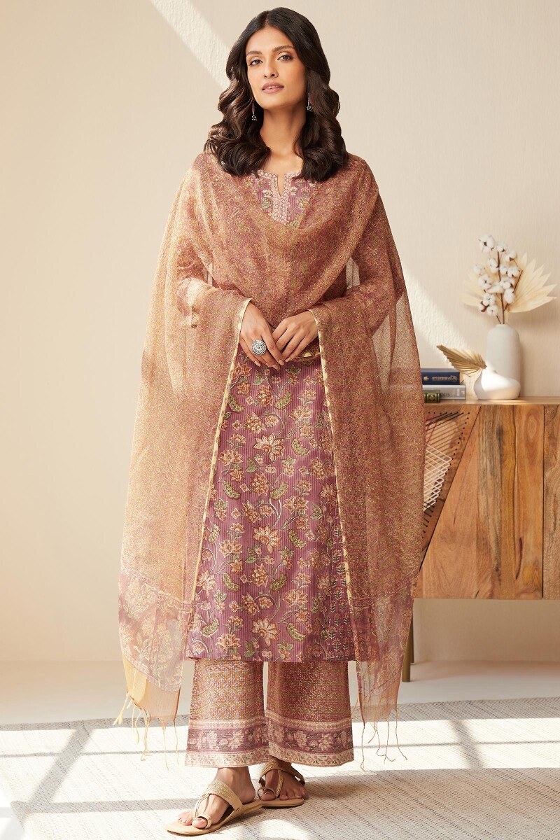 Brown Hand Block-Printed Cotton Dobby Farsi