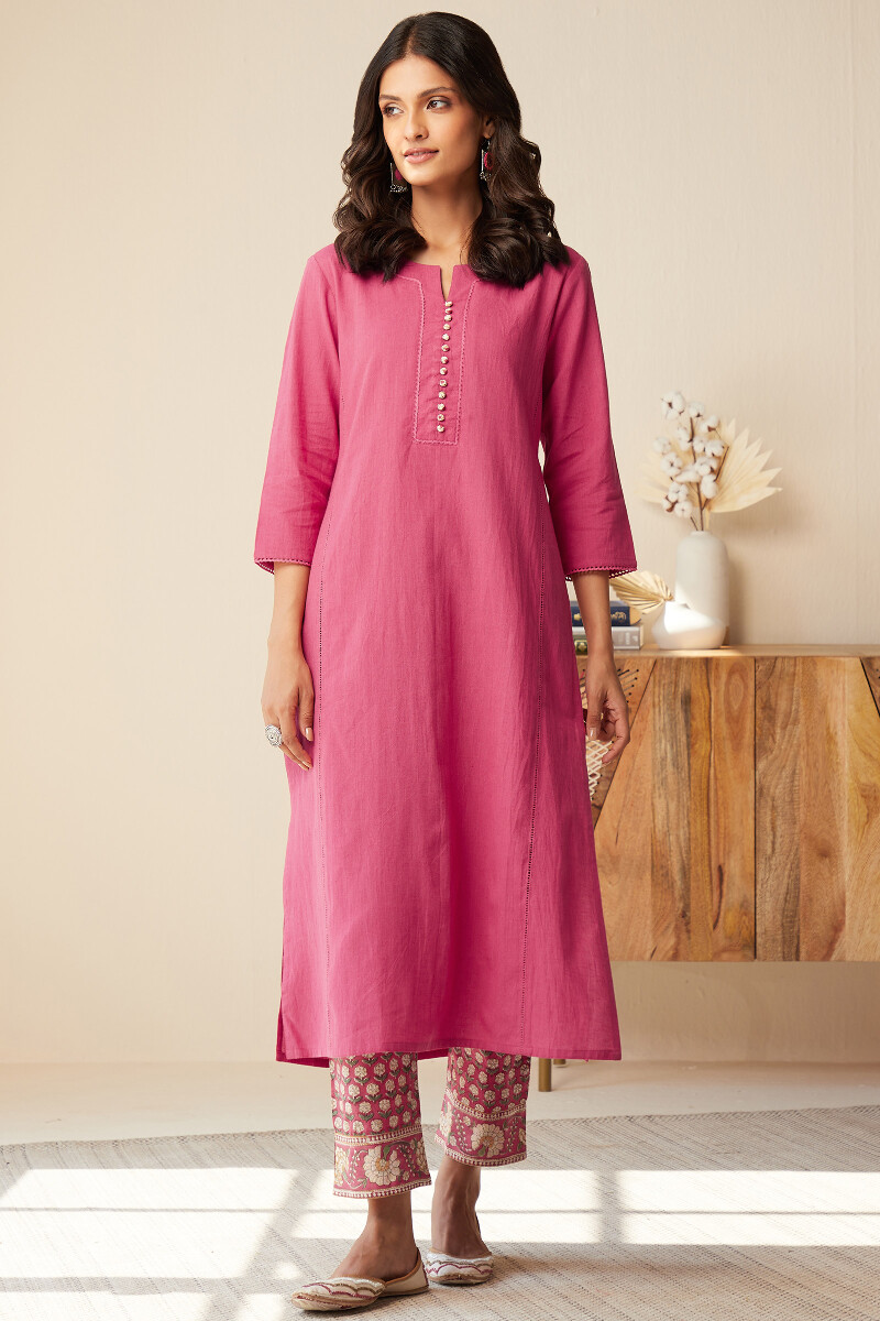 Rose Pink Handcrafted Straight Cotton Flax Kurta