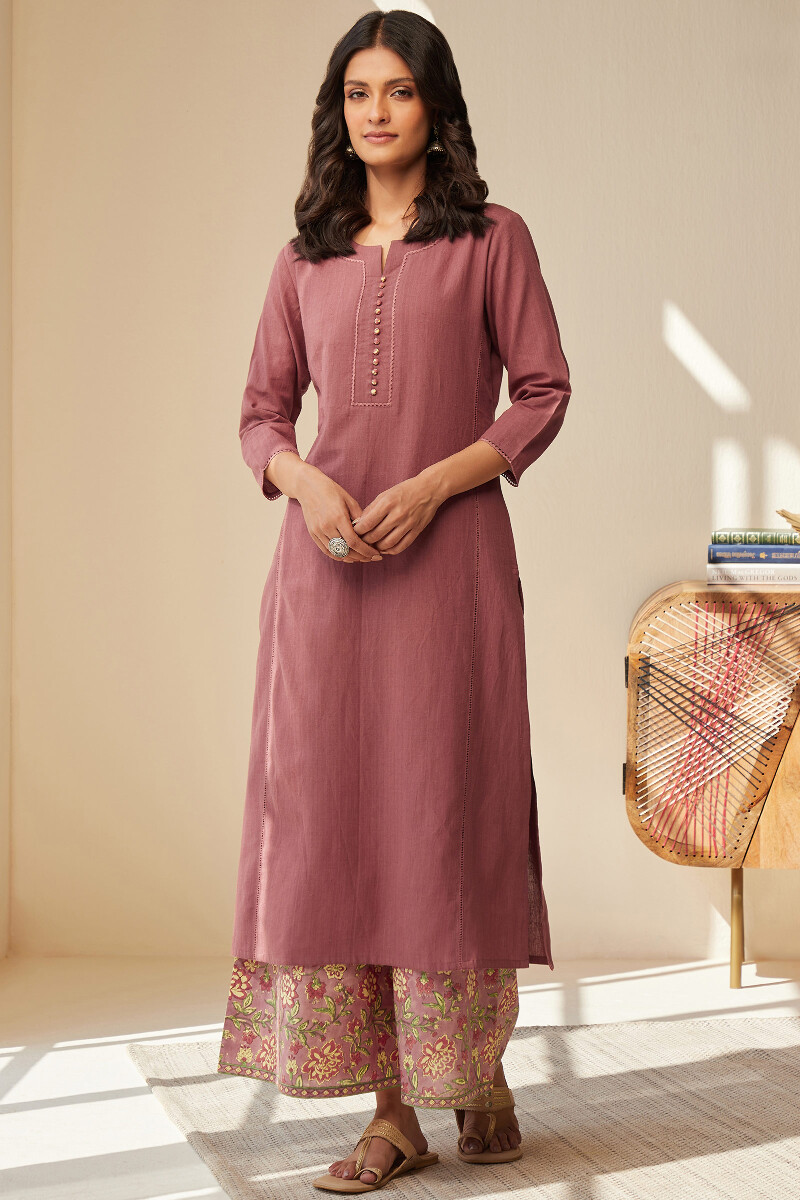 Mauve Handcrafted Straight Cotton Flax Kurta