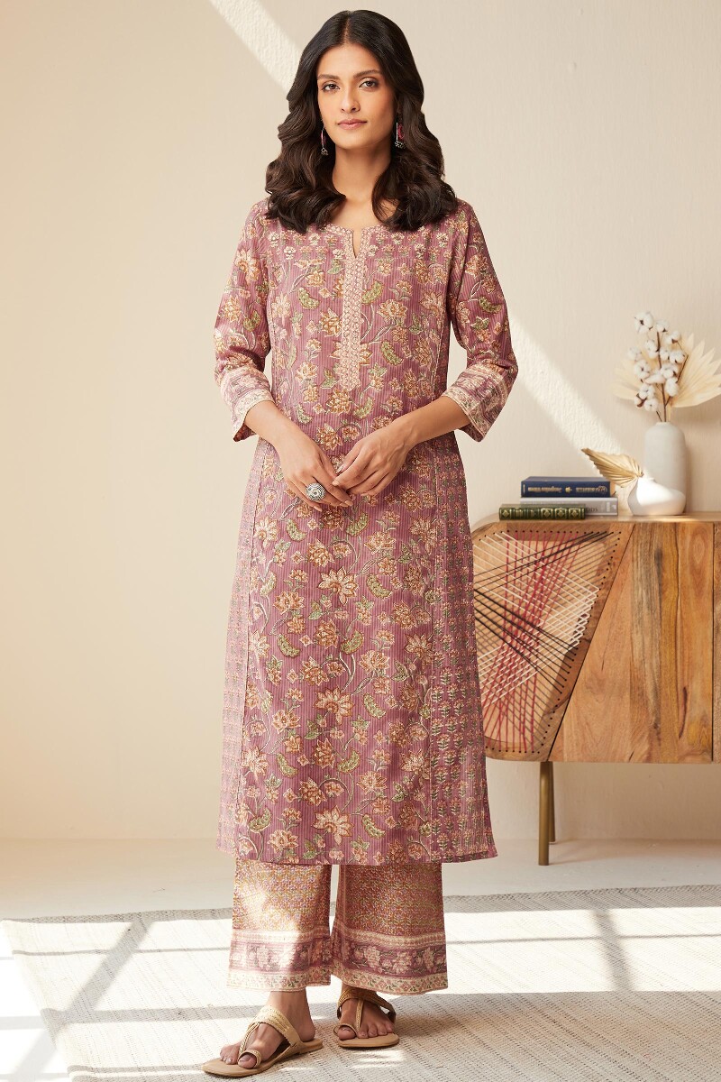 Pink Hand Block-Printed Straight Cotton Dobby Kurta