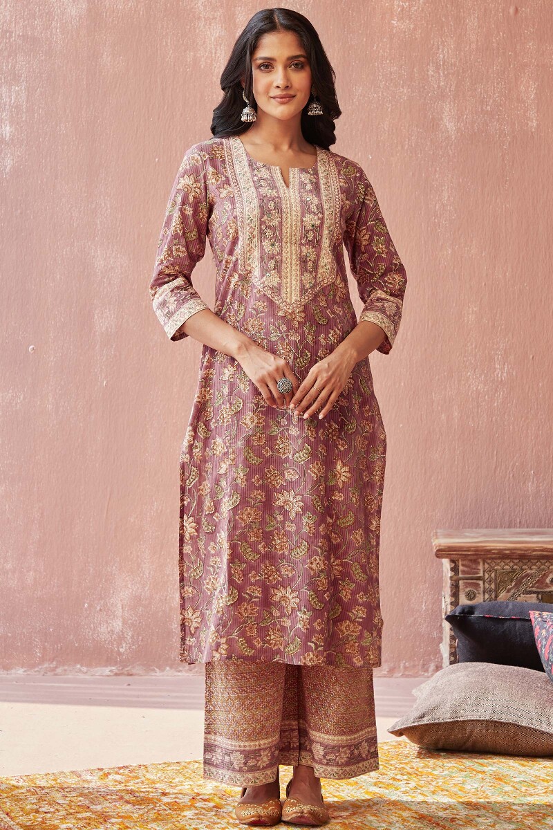 Red Hand Block-Printed Straight Cotton Dobby Kurta