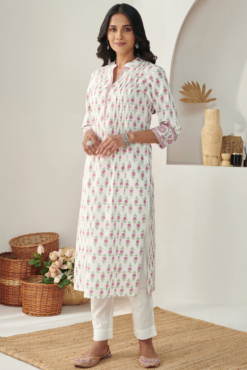White Hand Block-Printed Straight Cotton Kurta