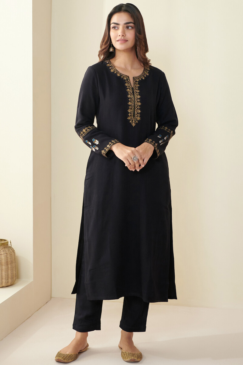 Black Handcrafted Straight Faux Wool Kurta