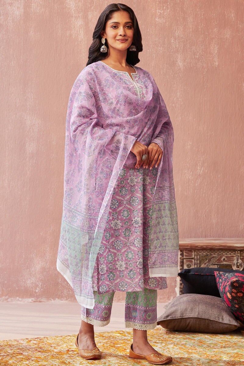 Green Hand Block-Printed Cotton Straight Farsi