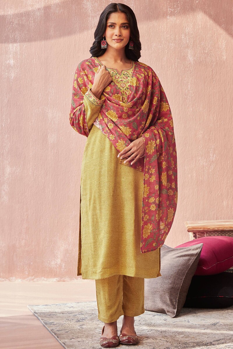 Yellow Handcrafted Faux Wool Narrow Pants