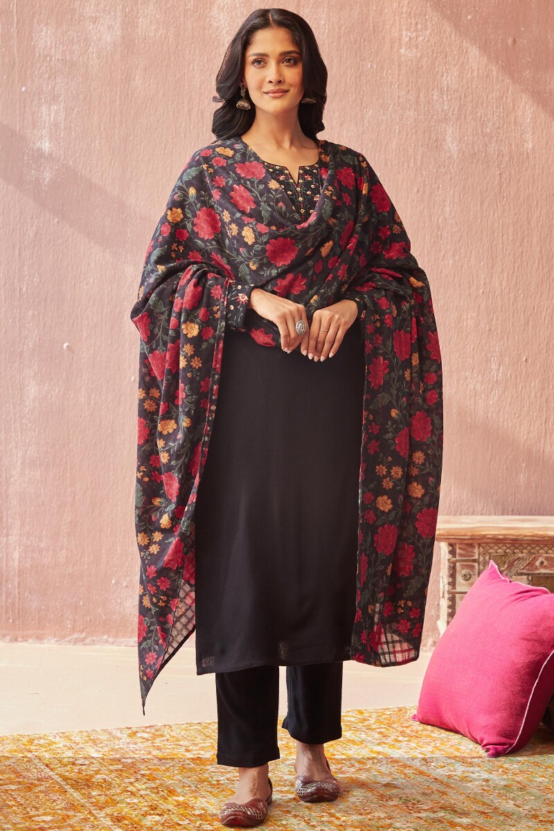 Black Handcrafted Faux Wool Narrow Pants