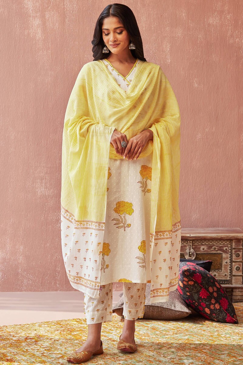 Yellow Hand Block-Printed Cotton Mul Dupatta