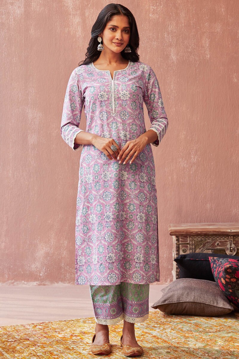 Purple Hand Block-Printed Straight Cotton Kurta