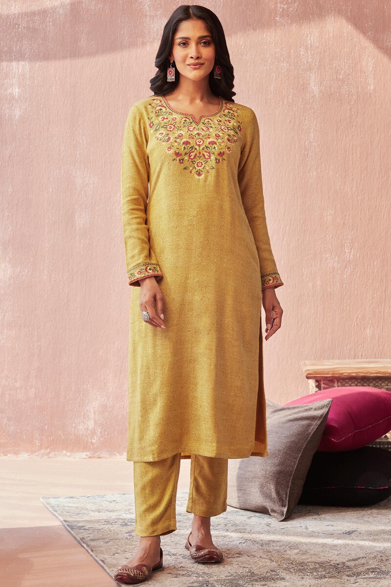 Yellow Handcrafted Straight Faux Wool Kurta