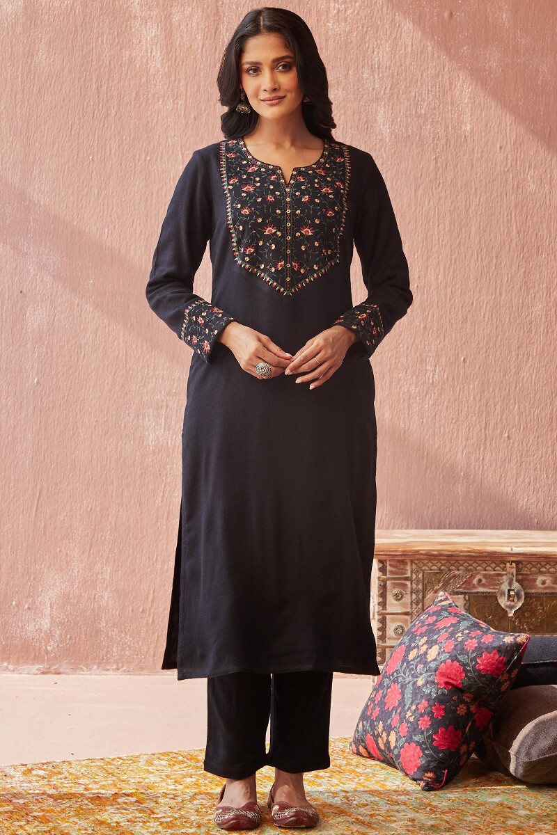 Black Handcrafted Straight Faux Wool Kurta