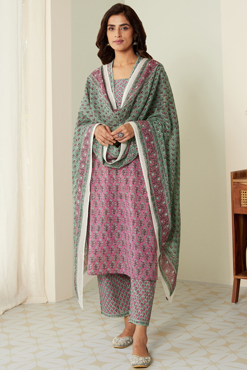 Purple Hand Block-Printed Straight Cotton Kurta