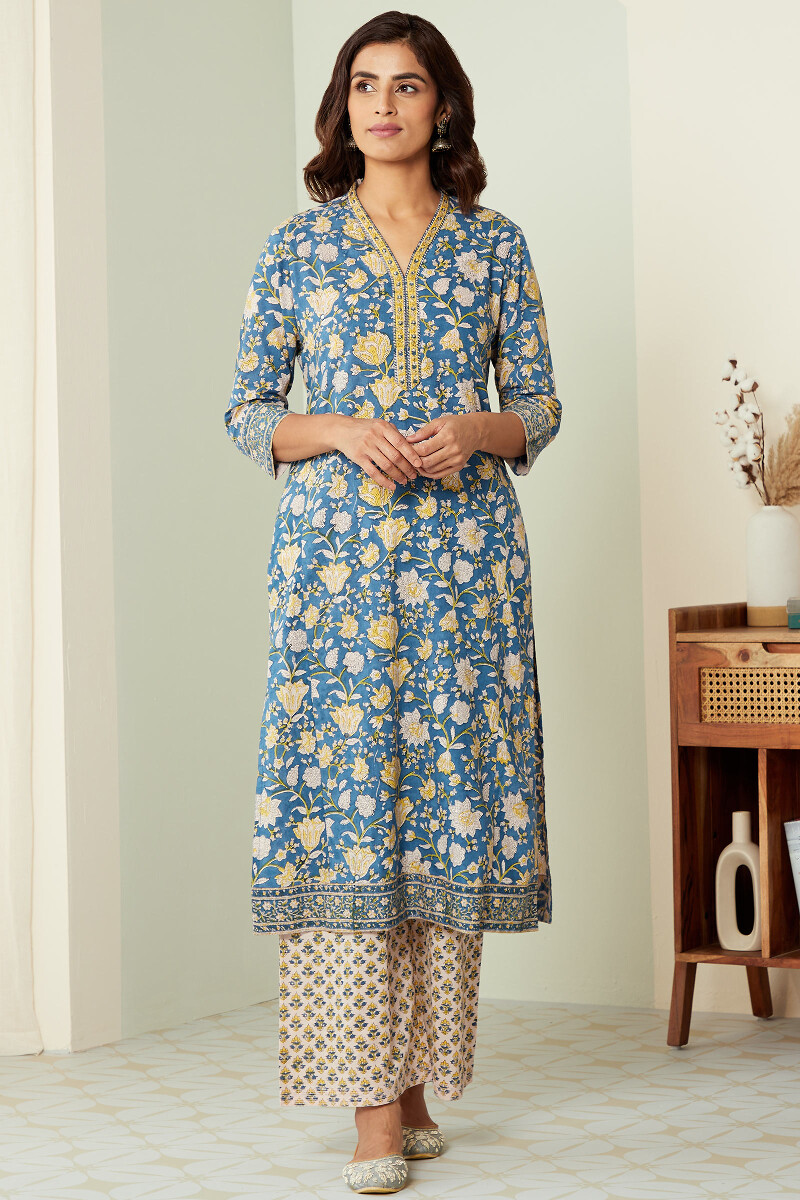 Blue Hand Block-Printed Straight Cotton Kurta