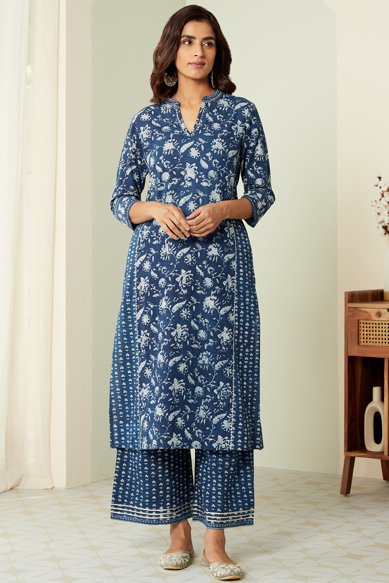 Indigo Hand Block-Printed Straight Cotton Kurta