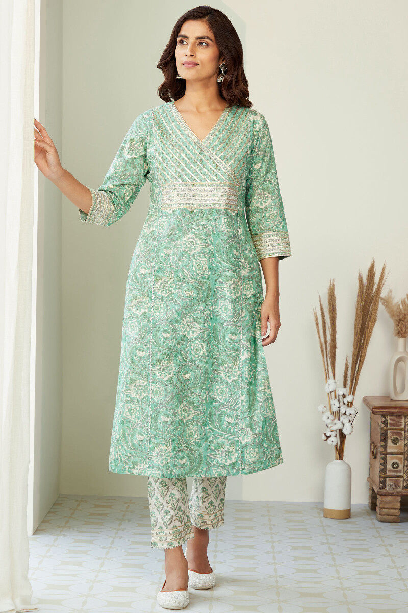 Green Hand Block-Printed Straight Cotton Kurta