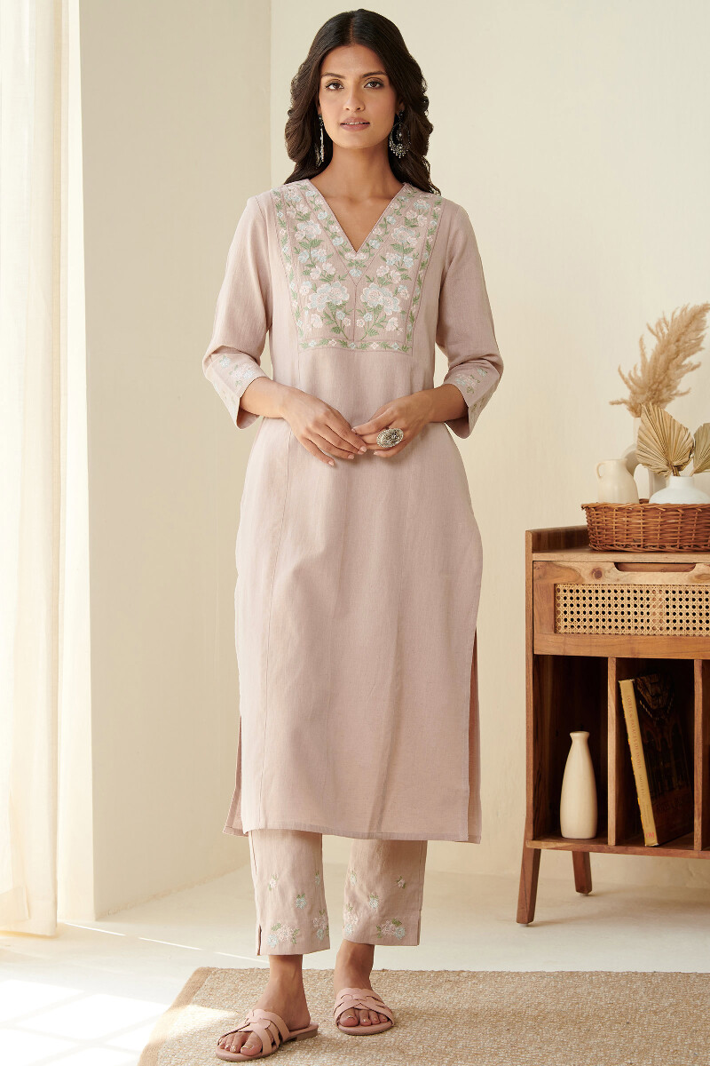 Pink Handcrafted Straight Cotton Flax Kurta