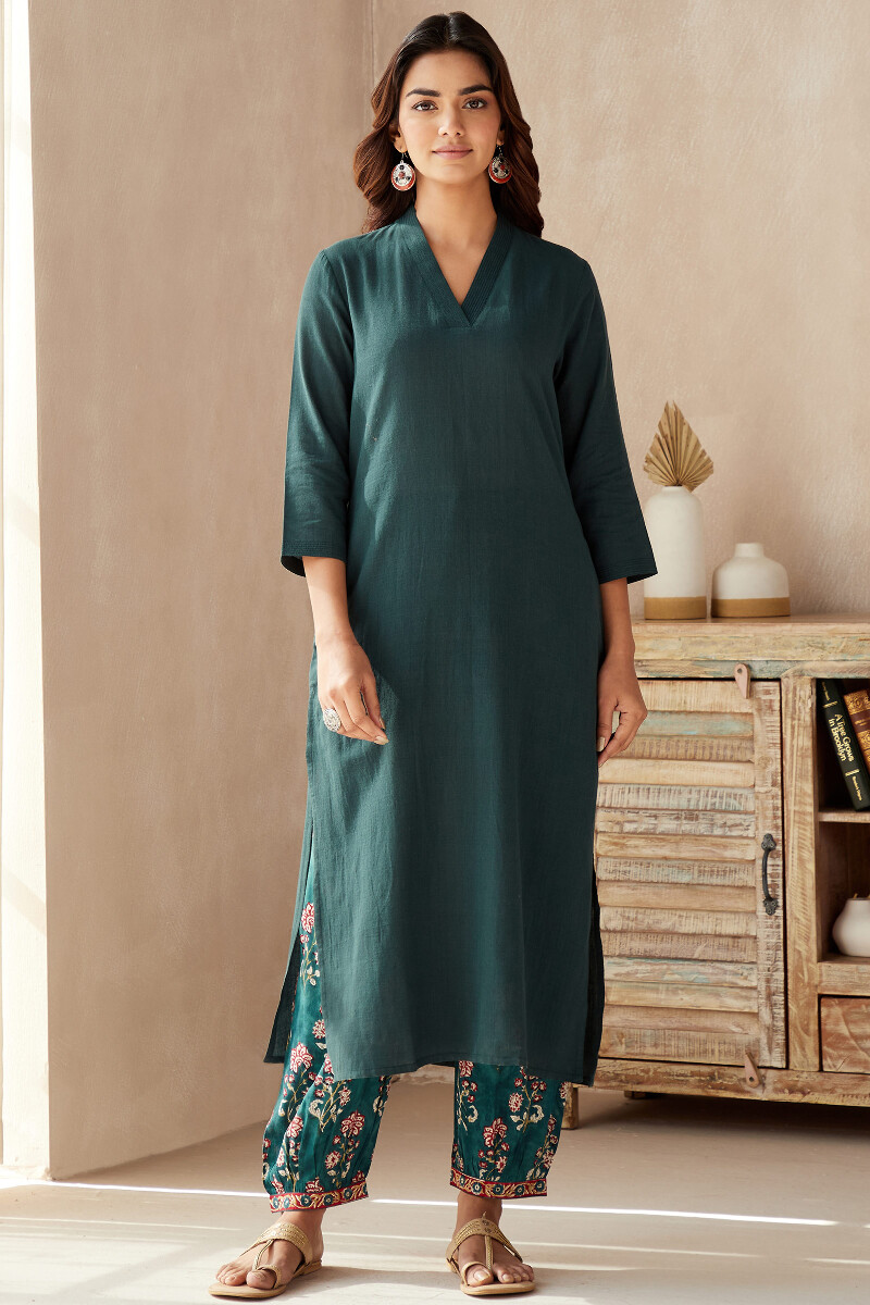 Teal Handcrafted Straight Cotton Kurta