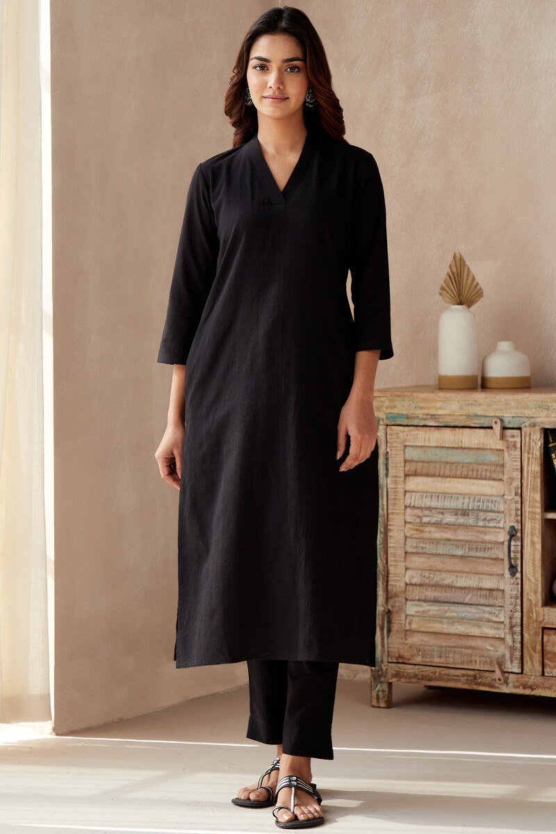 Black Handcrafted Straight Cotton Flax Kurta