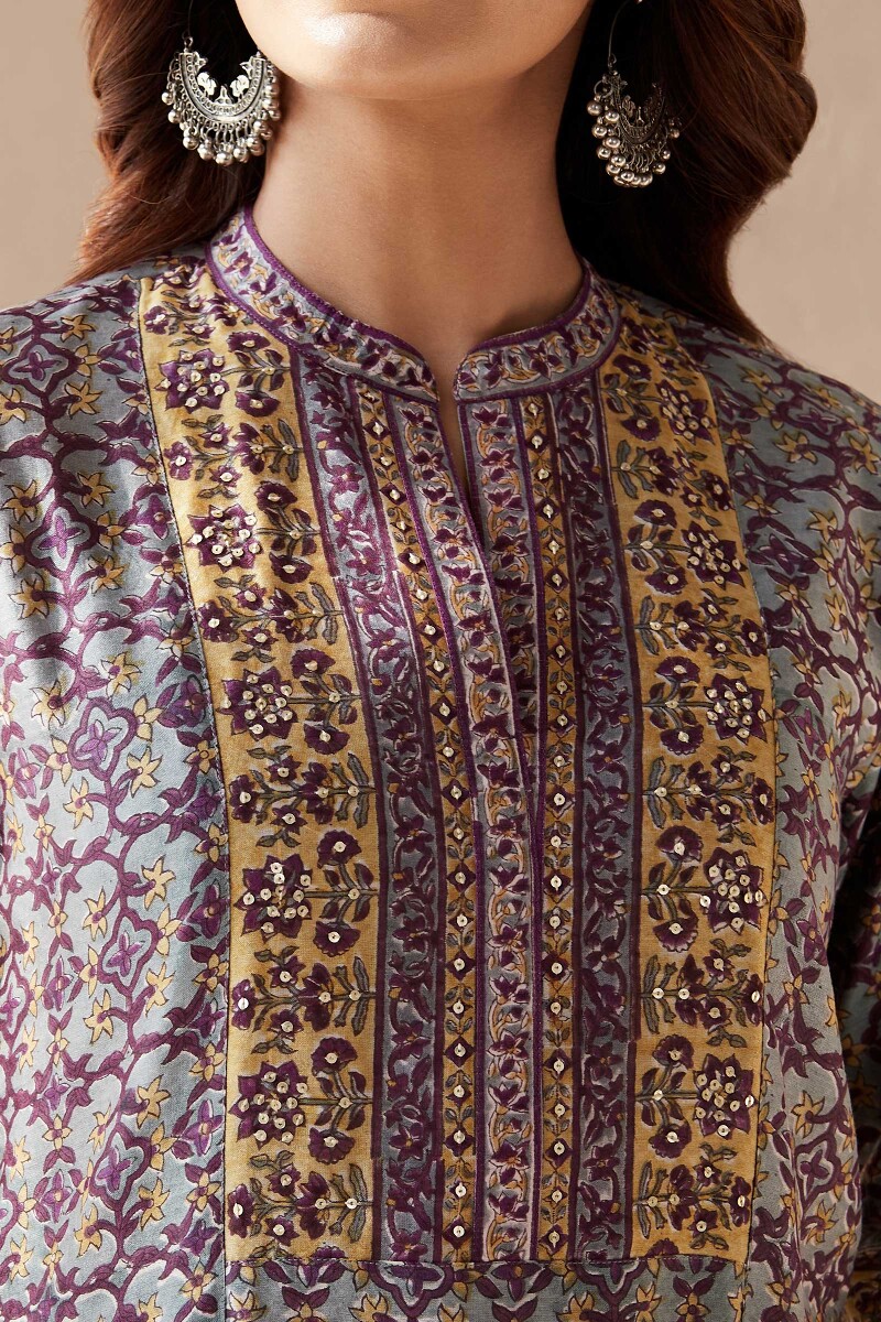 Blue Hand Block-Printed Straight Chanderi Kurta