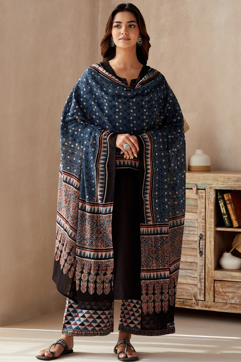 Indigo Hand Block Printed Cotton Dobby Dupatta