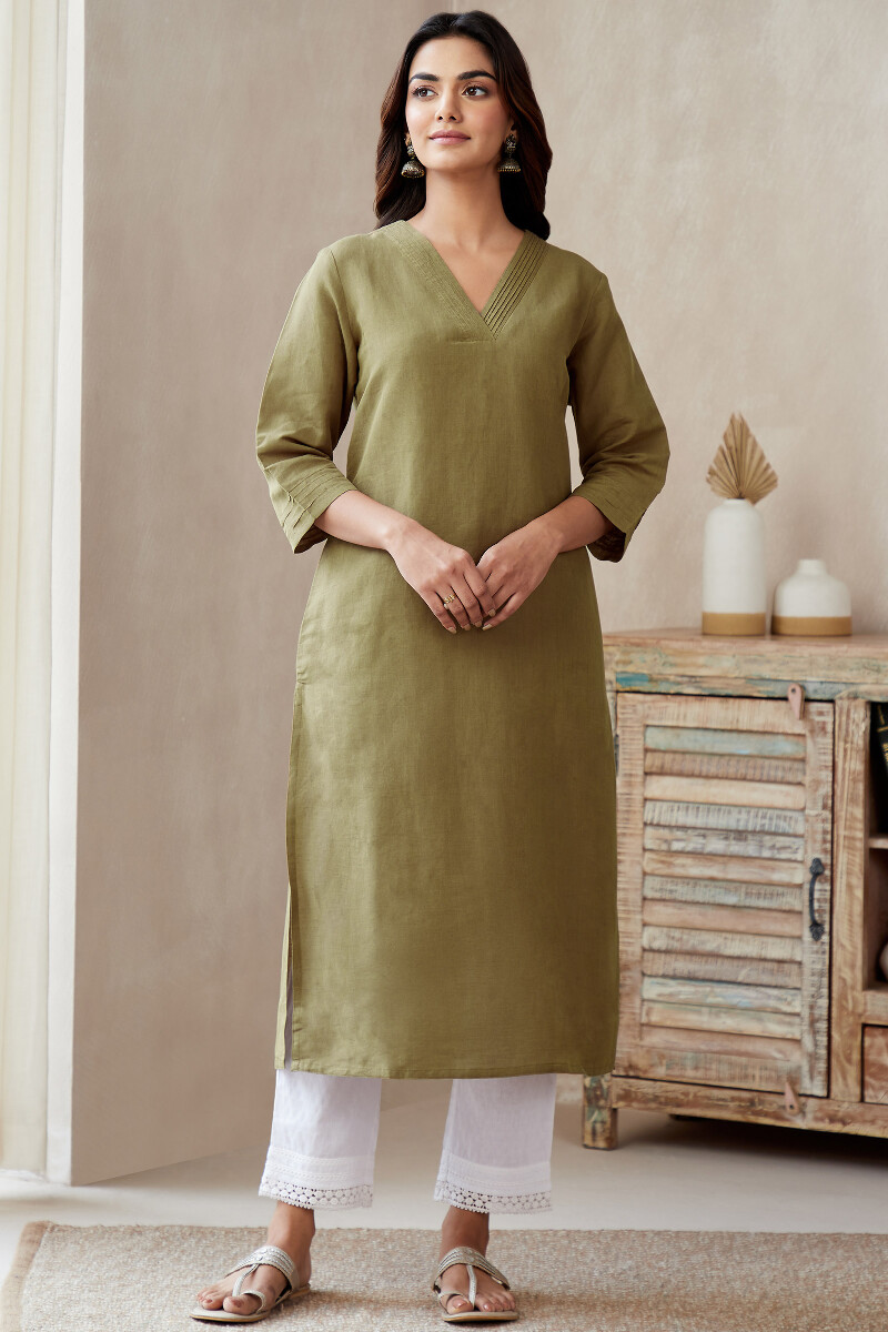 Buy Olive Green Handcrafted Straight Cotton Linen Kurta for Women FGMK23 673 Farida Gupta