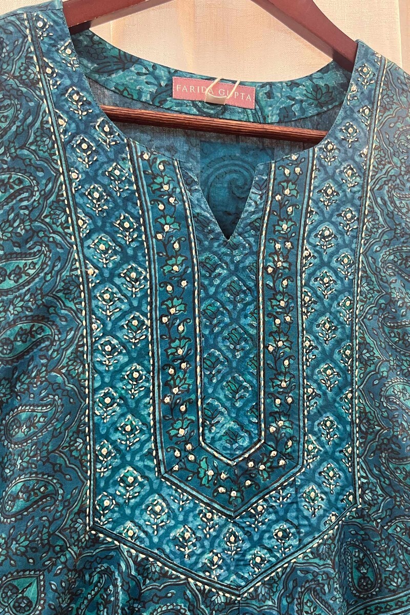 FG Specials: 1 of 1- Teal Hand Block-Printed Viscose Kurta