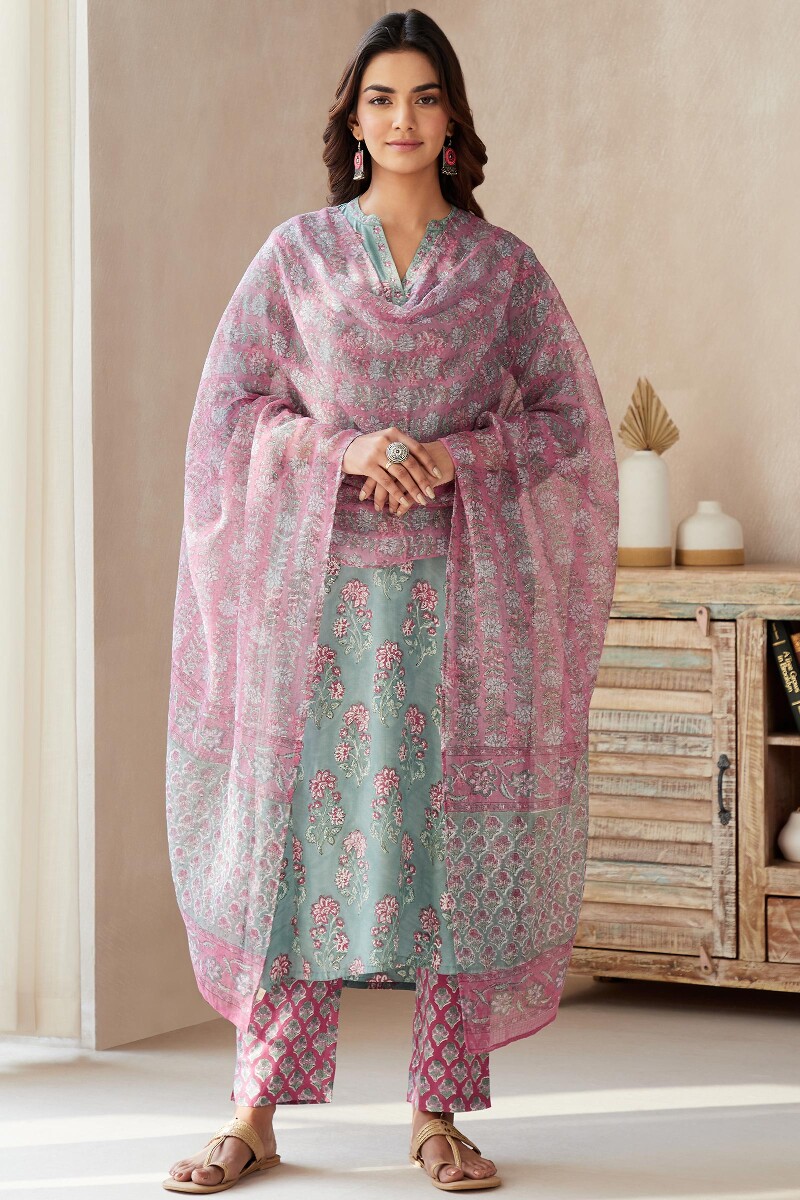 Pink Hand Block-Printed Viscose Narrow Pants
